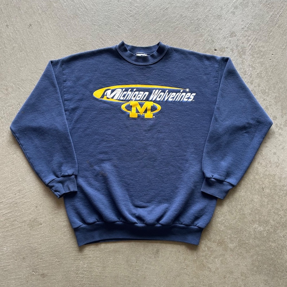 Vintage 90s Michigan Wolverines Sweatshirt Size Large Navy Blue College Crewneck